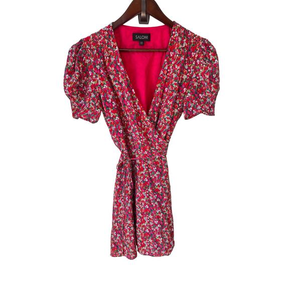 SALONI Lea Wrap Dress Red Pink Poppyfield Silk Size 6 EUC Maximalist Floral Mini - Picture 2 of 15
